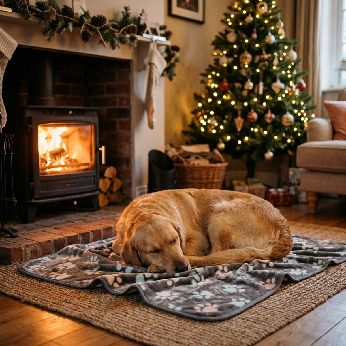 Golden Retriever asleep on a grey paw print dog blanket by the fire at Christmas
