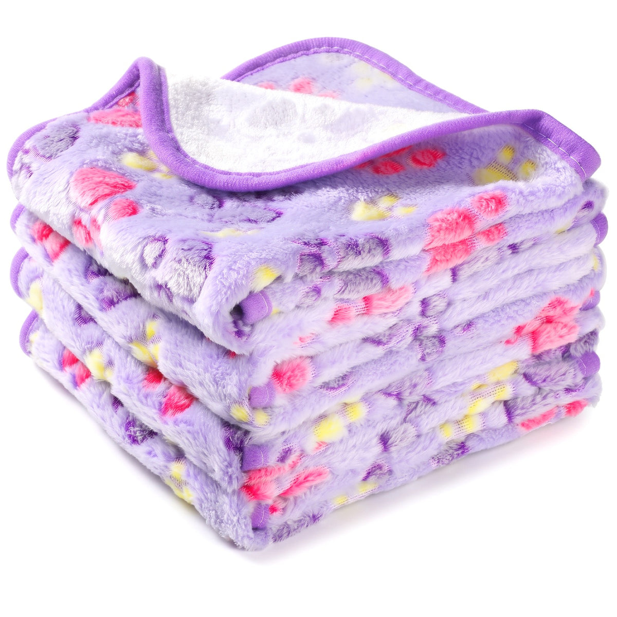 Lilac fleece dog blanket with pink and yellow paw prints