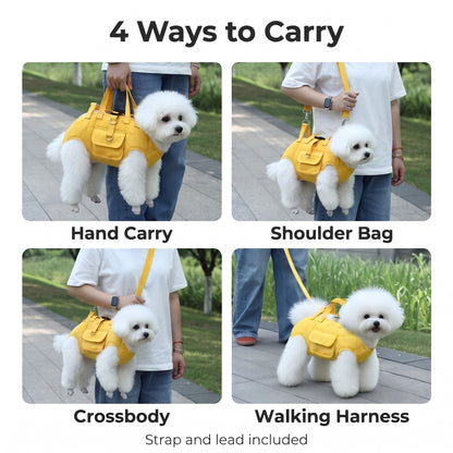 Four ways to use the dog carrier bag: hand carry, shoulder bag, crossbody and walking harness