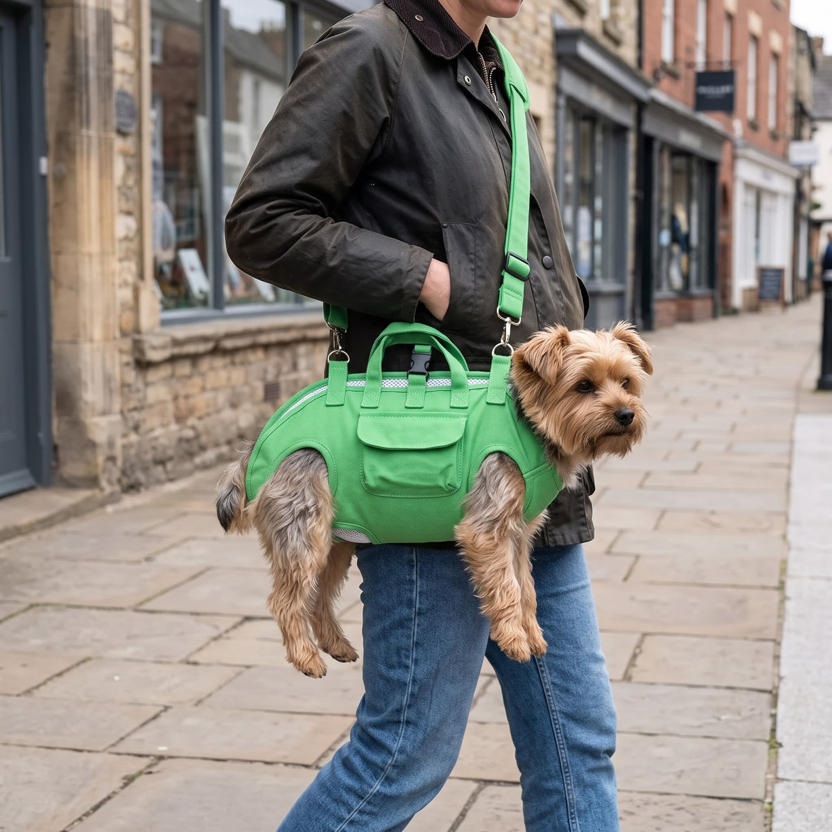 Yorkshire Terrier carried in the green dog carrier bag worn crossbody