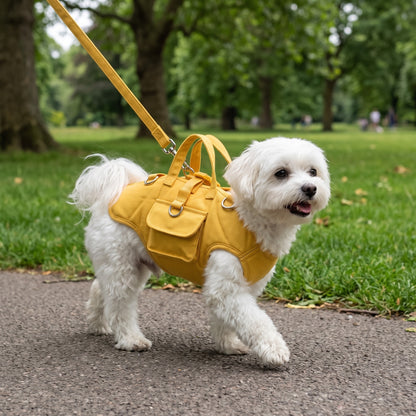 Maltese walking in the yellow carrier used as a harness with the lead clipped on