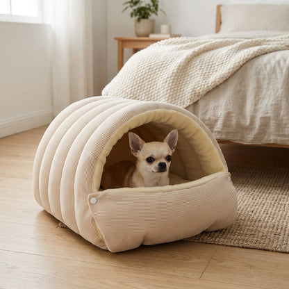 Chihuahua peeking out of the cream covered dog bed