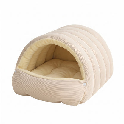 Cream corduroy dog cave bed with fleece lining