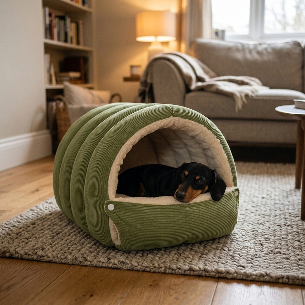 Miniature Dachshund curled up in the sage green dog cave bed