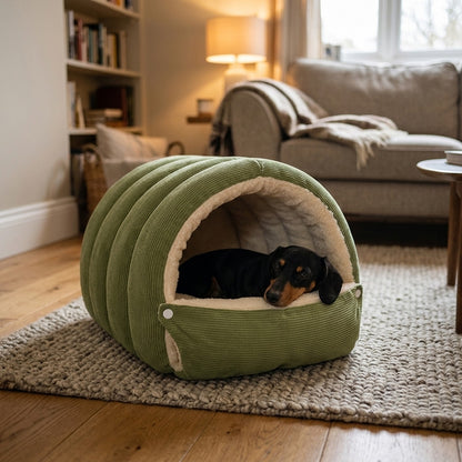 Miniature Dachshund curled up in the sage green dog cave bed