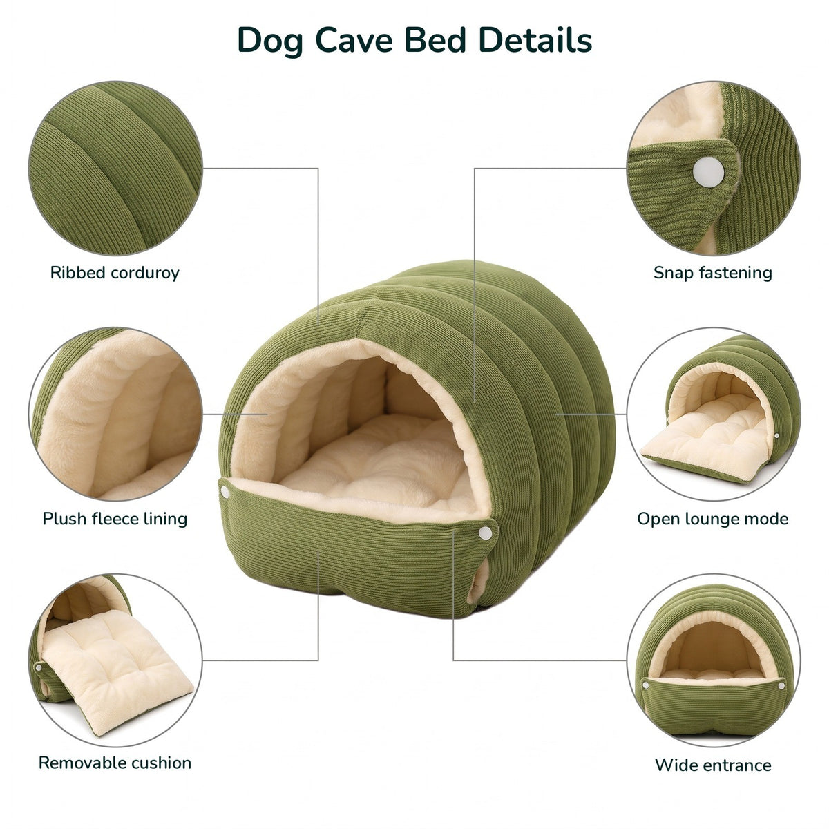 Dog cave bed details: ribbed corduroy, fleece lining, removable cushion, snap fastening