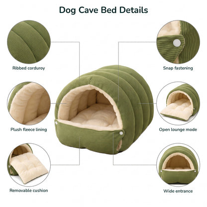 Dog cave bed details: ribbed corduroy, fleece lining, removable cushion, snap fastening