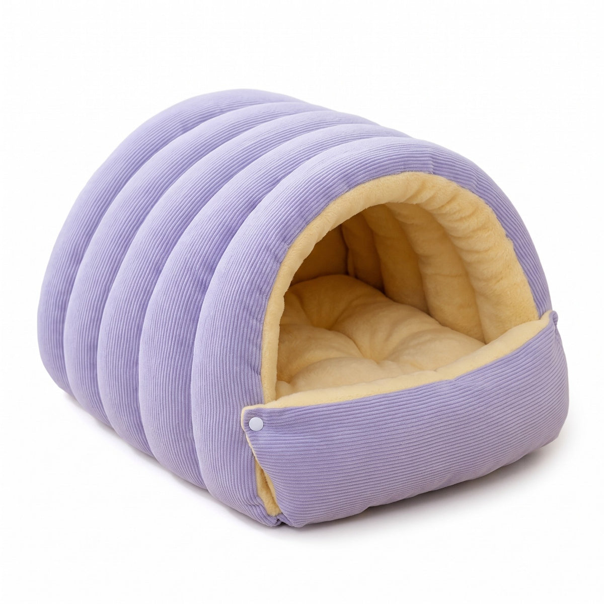 Lavender corduroy dog cave bed with fleece lining