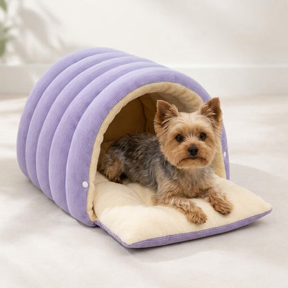 Yorkshire Terrier on the lavender cave bed in open lounge mode