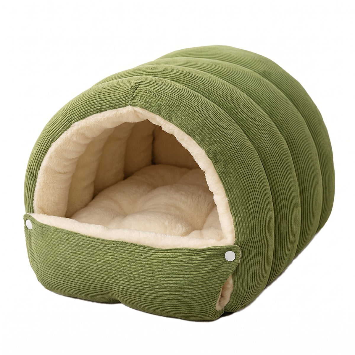 Sage Green corduroy dog cave bed with cream fleece lining