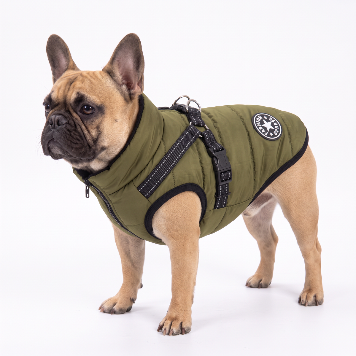 Army green waterproof dog coat with built-in harness on a French Bulldog
