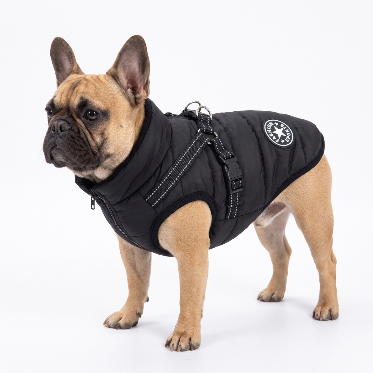 Black waterproof dog coat with built-in harness on a French Bulldog