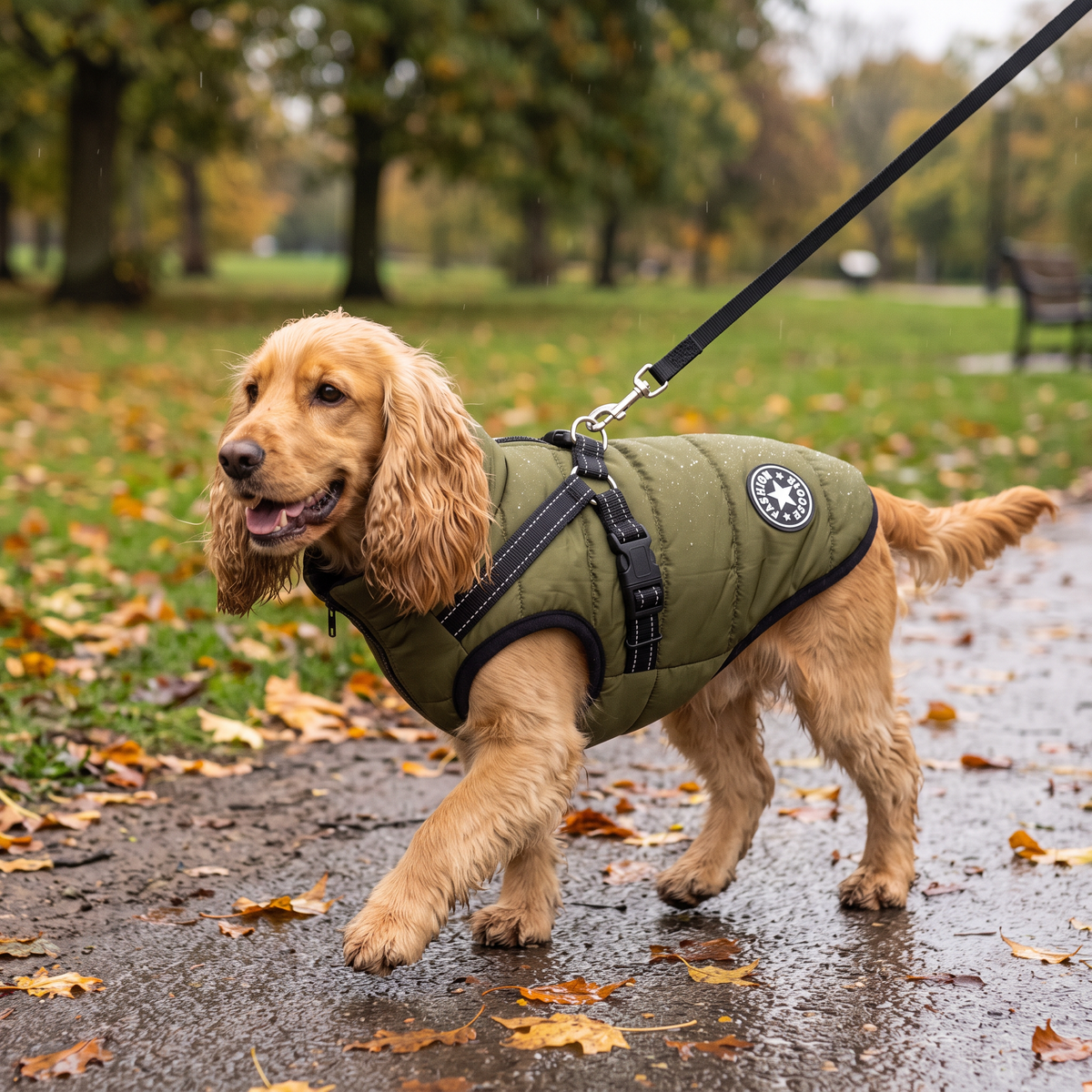 Cocker Spaniel walking in the rain in an army green dog coat with built-in harness and lead