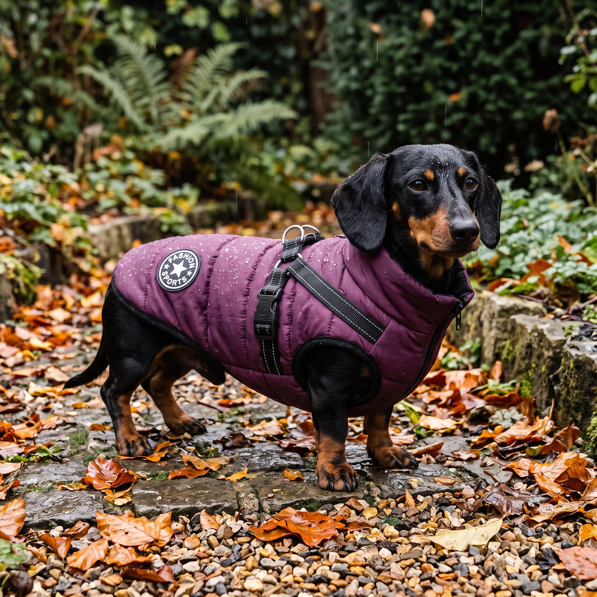 Miniature Dachshund in a purple padded dog coat with built-in harness