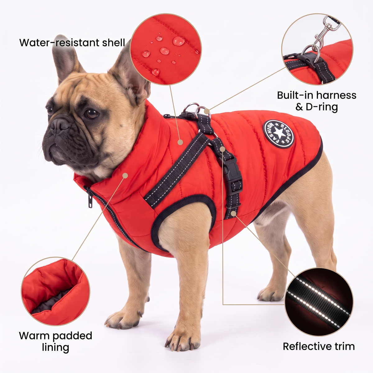 Dog coat features – water-resistant shell, built-in harness and D-ring, padded lining, reflective trim