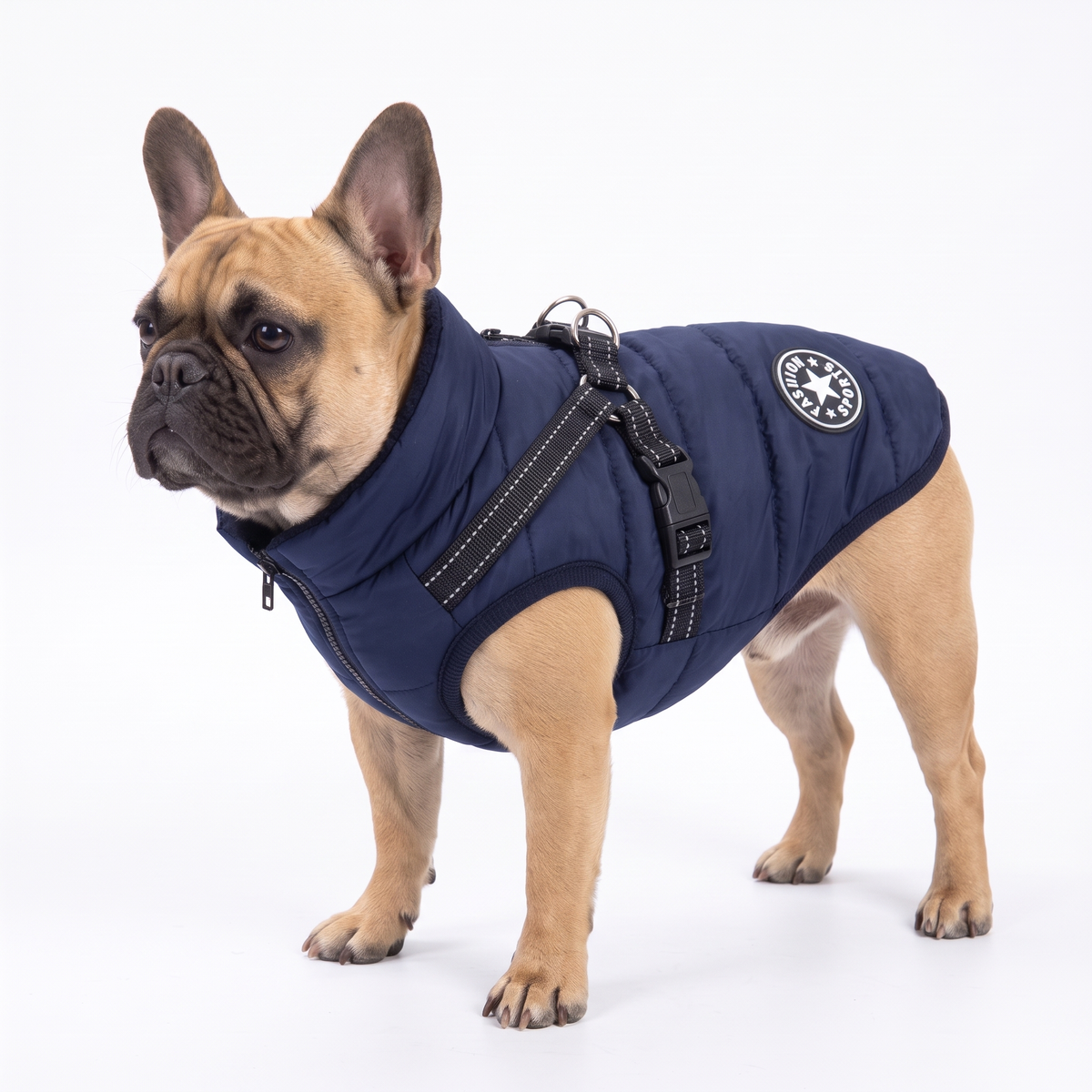 Navy blue waterproof dog coat with built-in harness on a French Bulldog