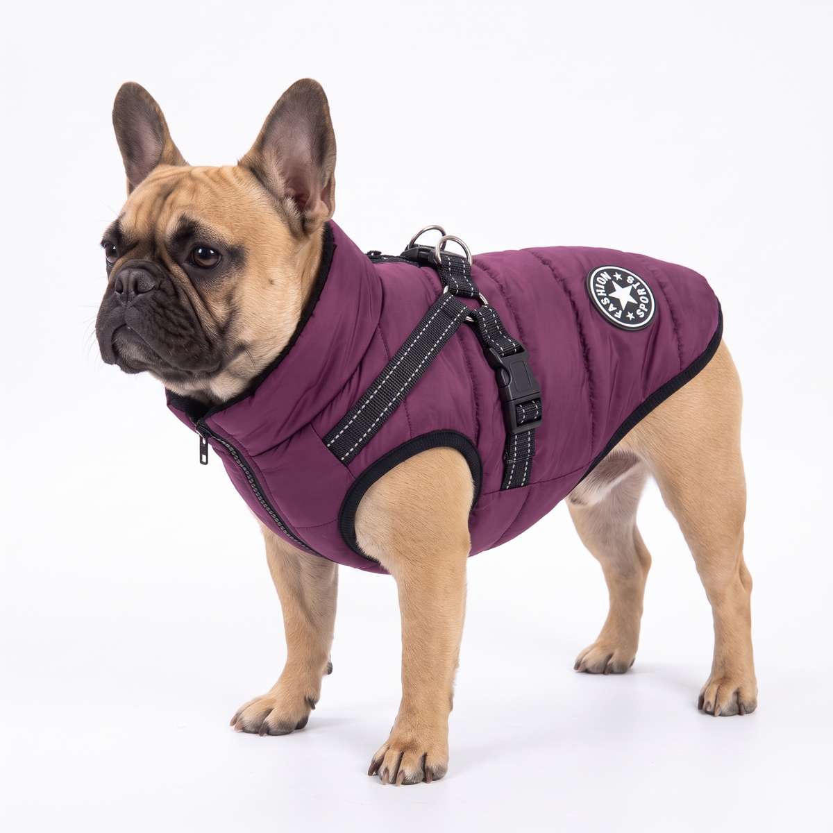 Purple waterproof dog coat with built-in harness on a French Bulldog