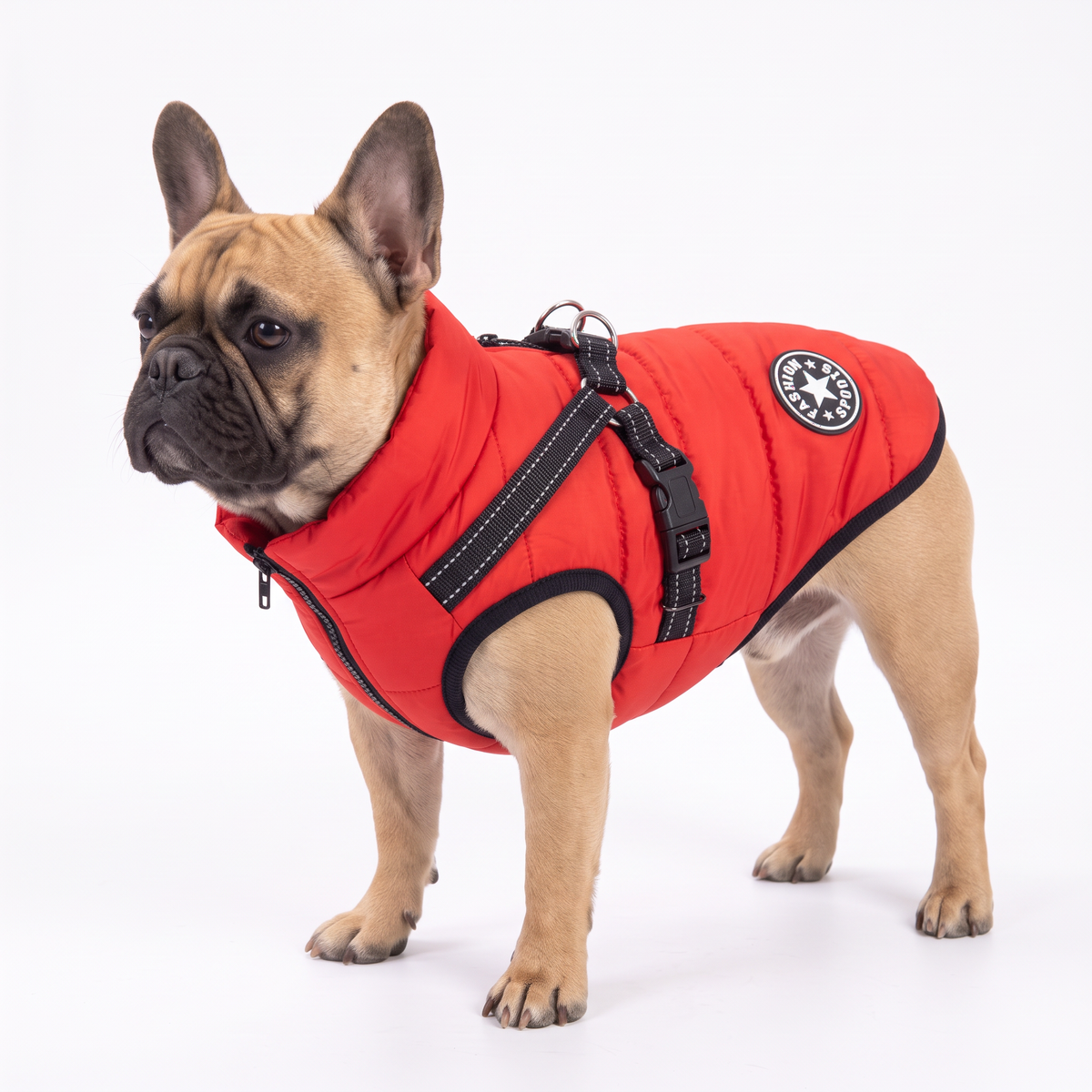Red waterproof dog coat with built-in harness on a French Bulldog