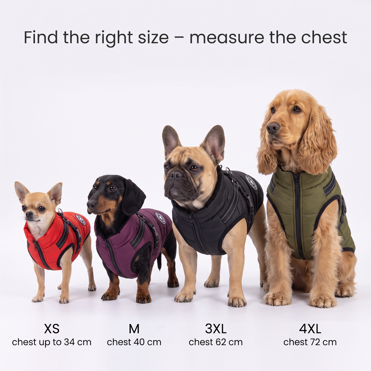 Dog coat size guide – Chihuahua XS, Dachshund M, French Bulldog 3XL, Cocker Spaniel 4XL by chest size