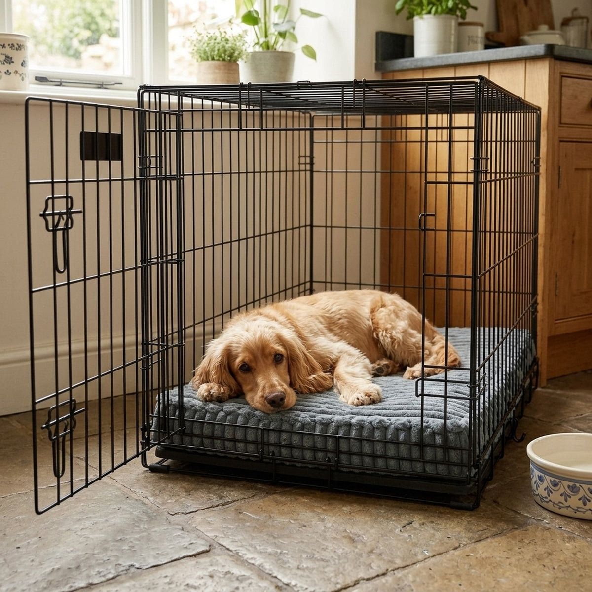 Cocker Spaniel lying on the grey dog crate mat inside a wire crate