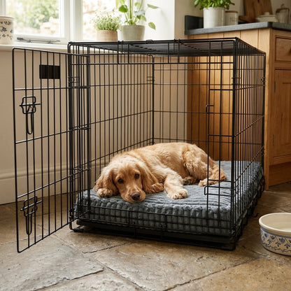 Cocker Spaniel lying on the grey dog crate mat inside a wire crate