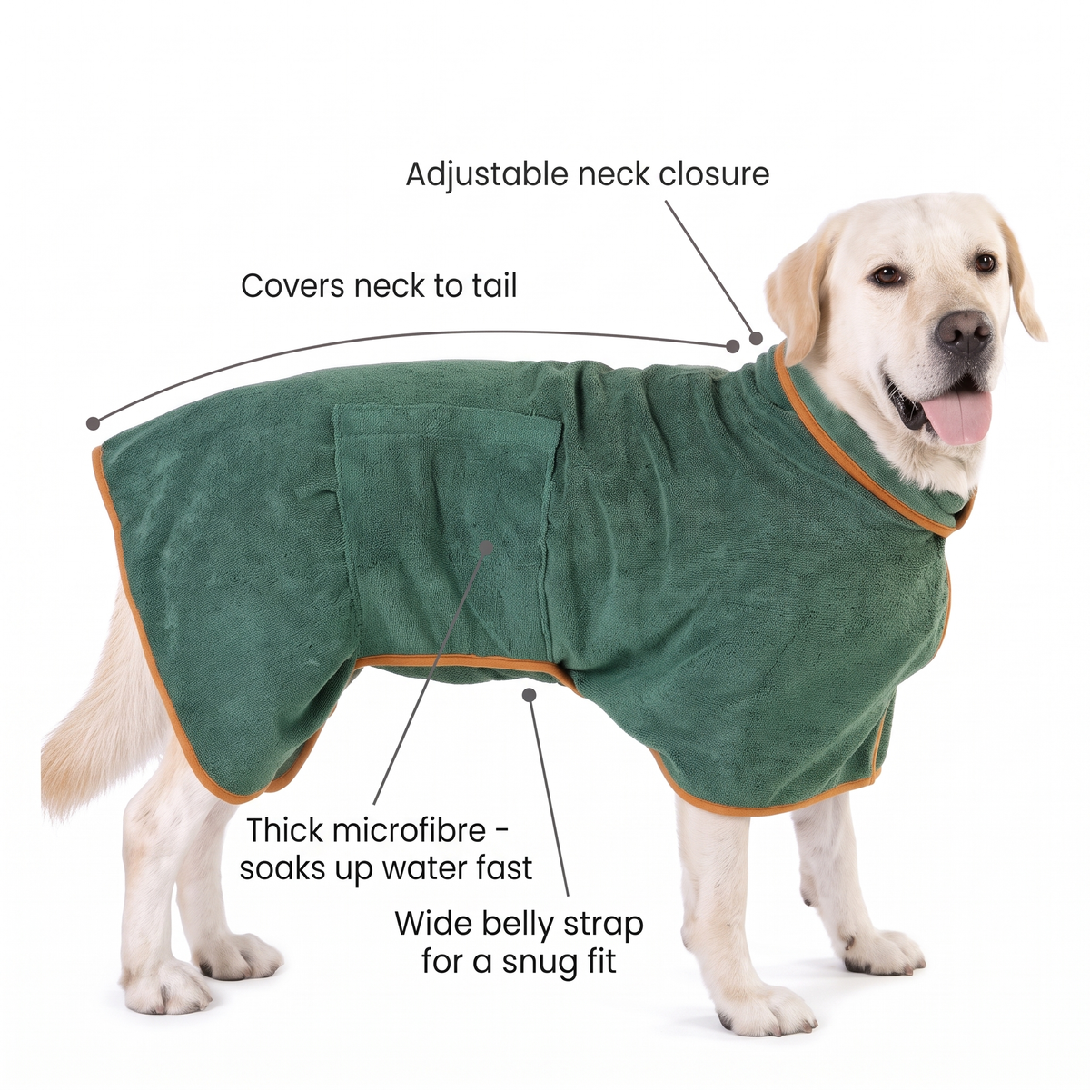 Dog drying coat features: thick microfibre, adjustable neck closure, wide belly strap, covers neck to tail