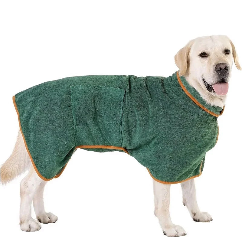 Labrador wearing green dog drying coat with belly strap