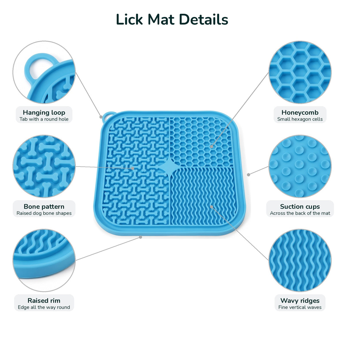 Dog lick mat details: hanging loop, bone pattern, raised rim, honeycomb, suction cups, wavy ridges