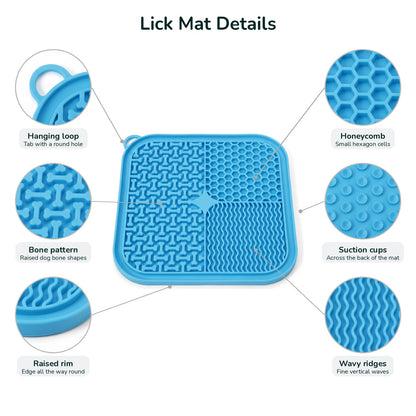 Dog lick mat details: hanging loop, bone pattern, raised rim, honeycomb, suction cups, wavy ridges