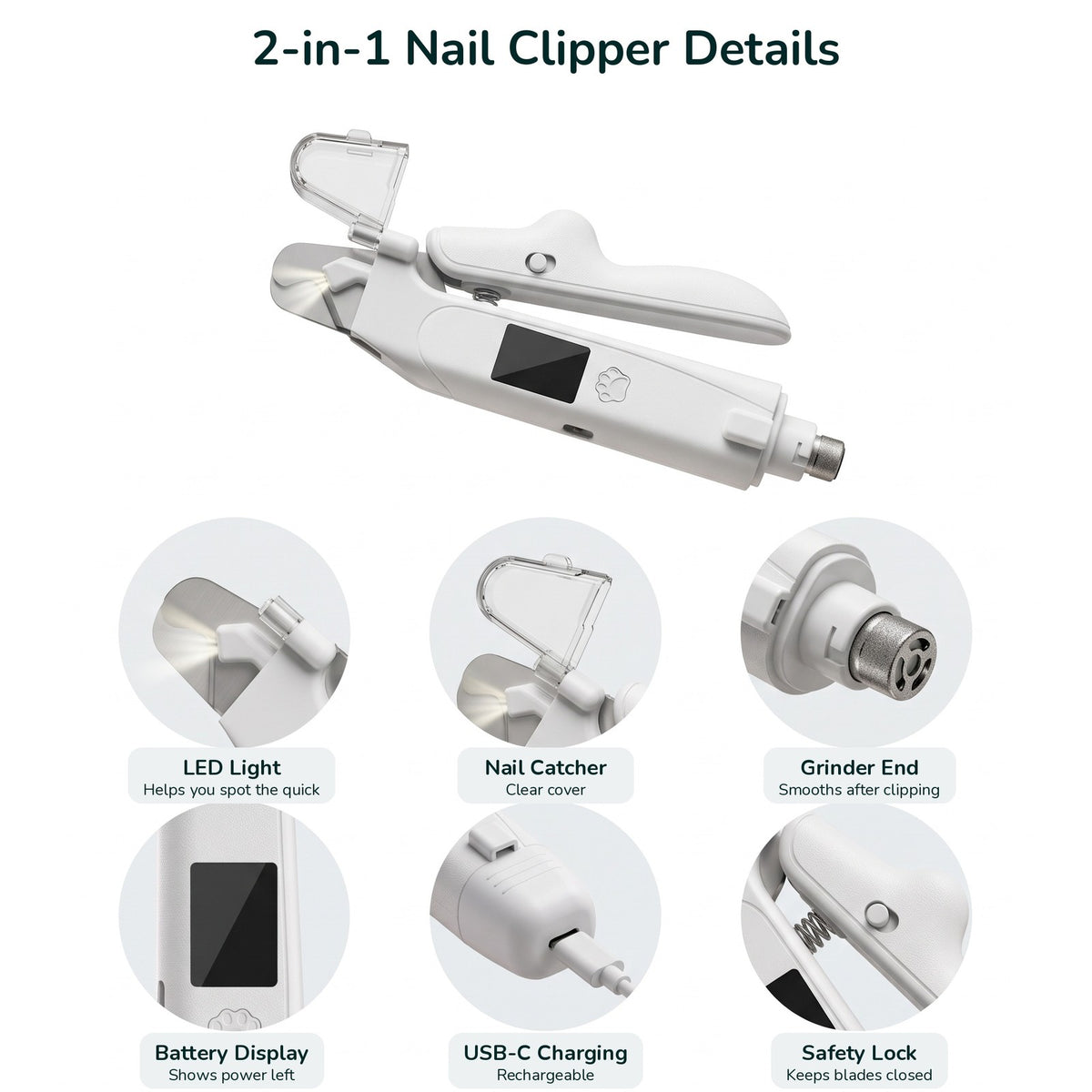 2 in 1 dog nail clipper features: LED light, nail catcher, grinder end, battery display, USB-C, safety lock