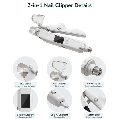 2 in 1 dog nail clipper features: LED light, nail catcher, grinder end, battery display, USB-C, safety lock