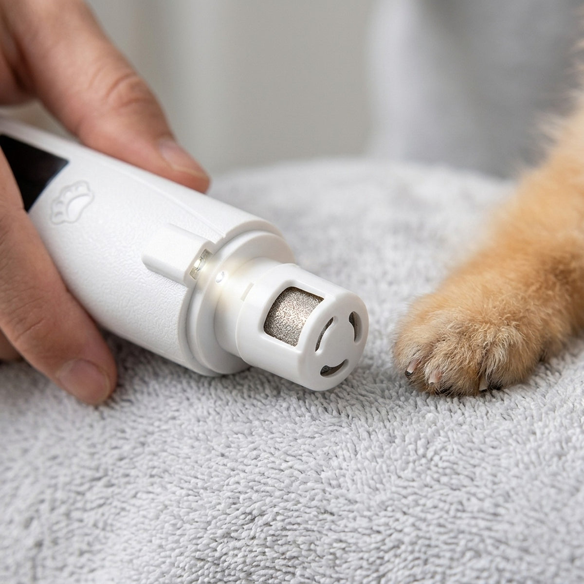 Grinder end of the 2 in 1 dog nail clippers with port cap and LED
