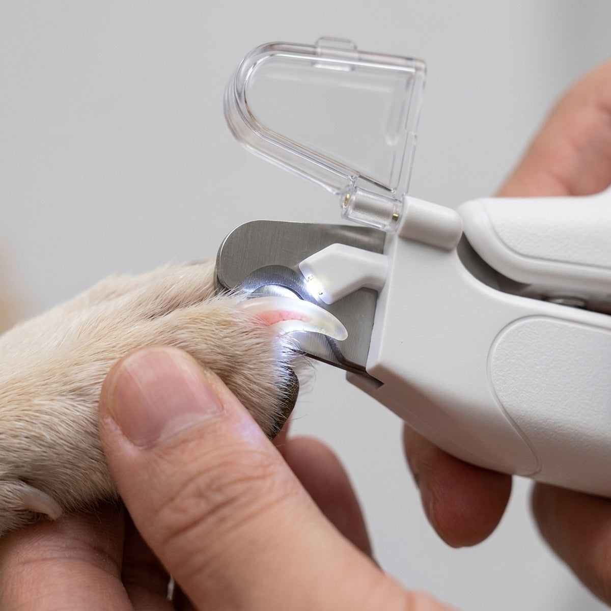 LED light on the dog nail clippers shining through a claw to show the quick