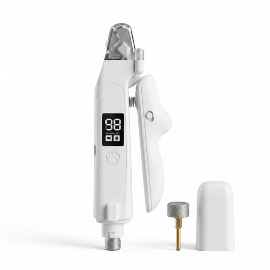White 2 in 1 dog nail clippers with light and grinder, spare grinding bit and cap