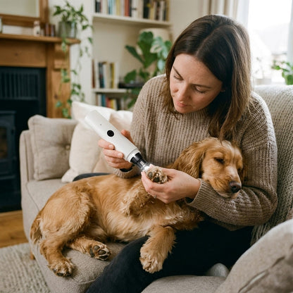 Owner using the dog nail grinder on a calm Cocker Spaniel on the sofa