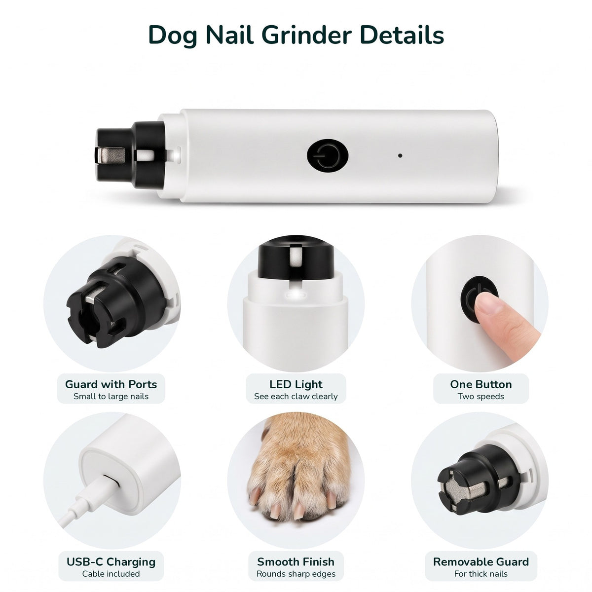 Dog nail grinder features: guard with ports, LED light, two speeds, USB-C charging, removable guard