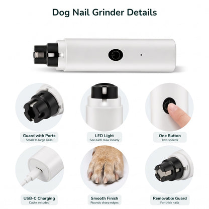 Dog nail grinder features: guard with ports, LED light, two speeds, USB-C charging, removable guard