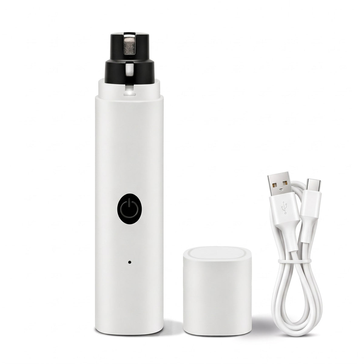 White dog nail grinder with LED light, protective cap and USB-C cable