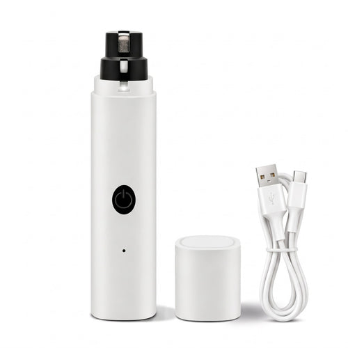 White dog nail grinder with LED light, protective cap and USB-C cable