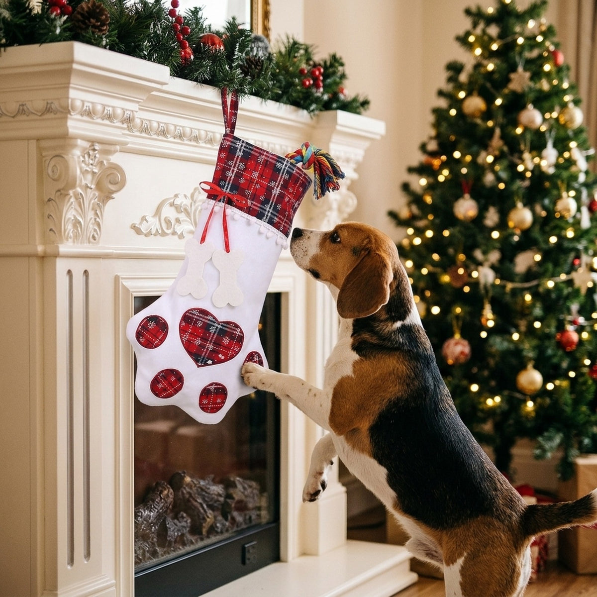 Beagle sniffing a dog Christmas stocking hanging from the mantelpiece