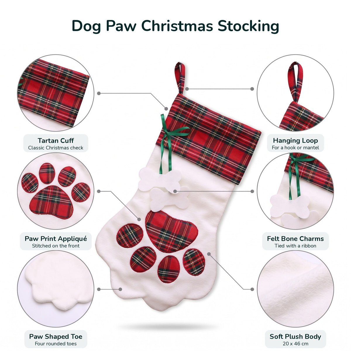 Dog Christmas stocking details: tartan cuff, paw print appliqué, paw shaped toe, hanging loop, felt bone charms, soft plush body