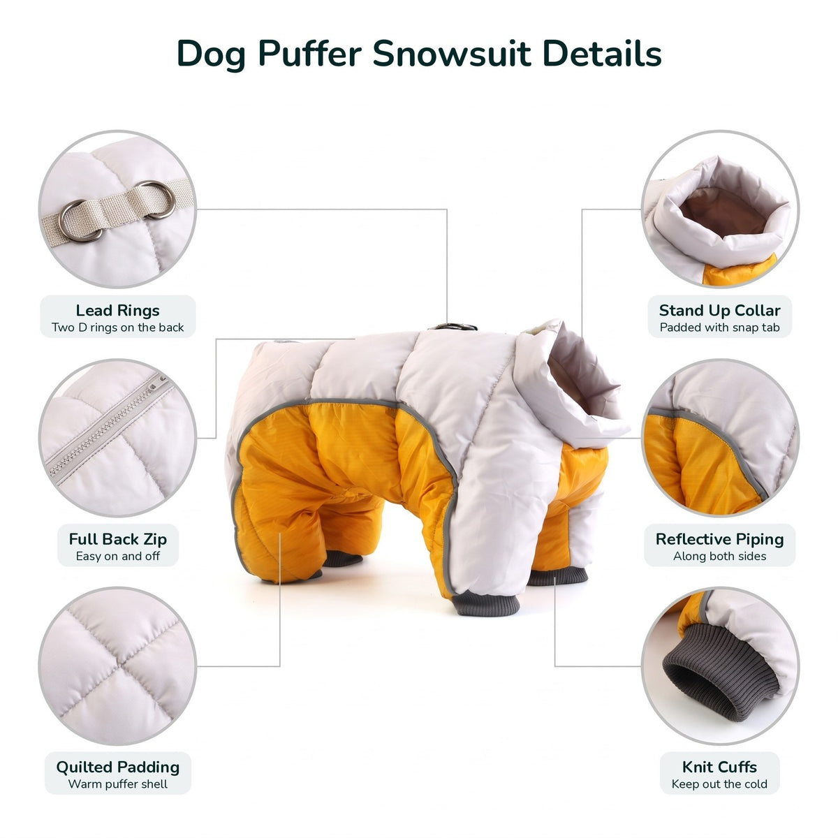 Dog puffer snowsuit details: lead rings, back zip, quilted padding, stand up collar, reflective piping, knit cuffs