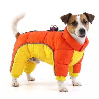 Dog puffer snowsuit in Orange Yellow on a Jack Russell Terrier