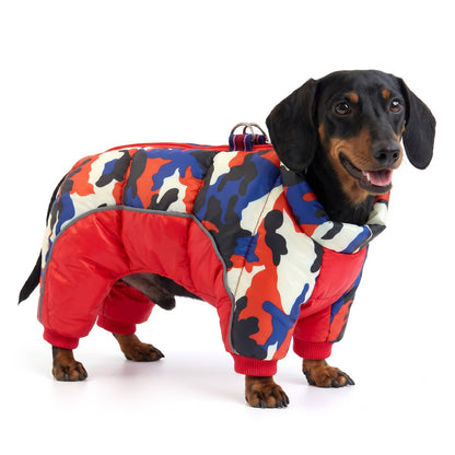 Dog puffer snowsuit in Red Camo on a Miniature Dachshund