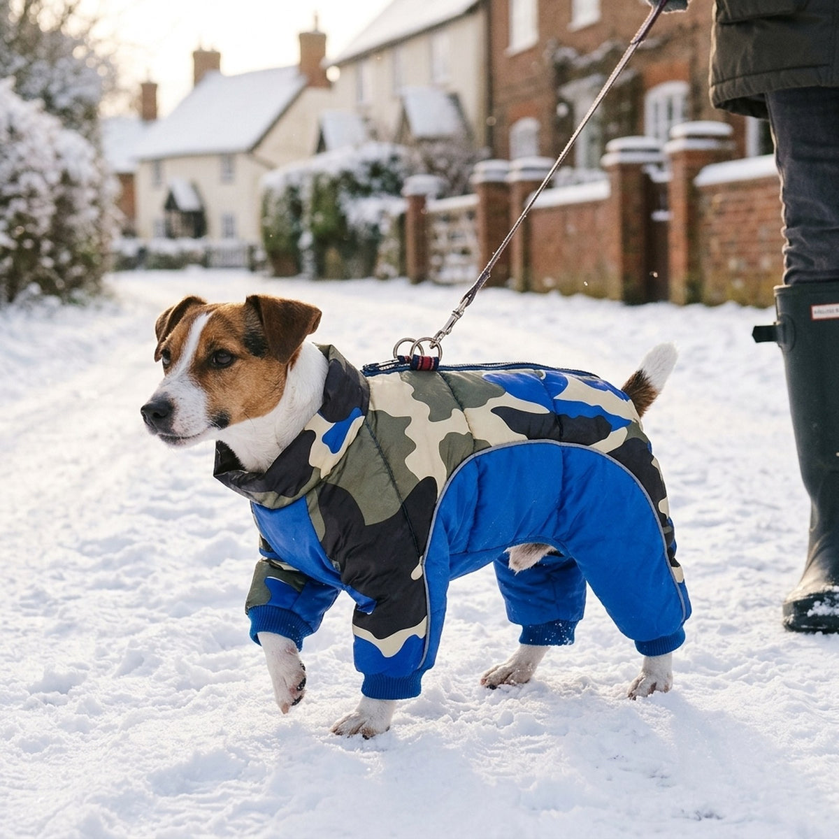 Jack Russell in a Woodland Camo puffer snowsuit on a snowy winter walk