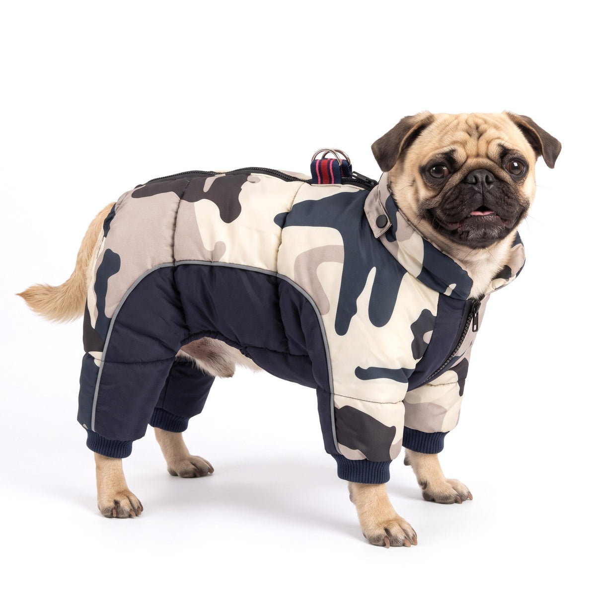 Dog puffer snowsuit in Stone Camo on a Pug