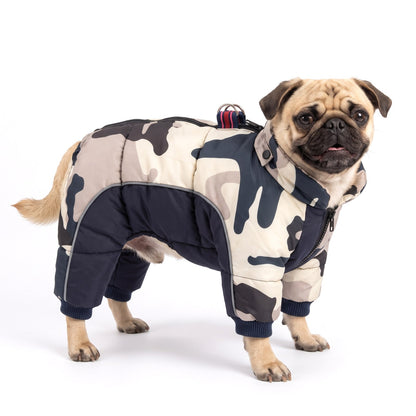 Dog puffer snowsuit in Stone Camo on a Pug