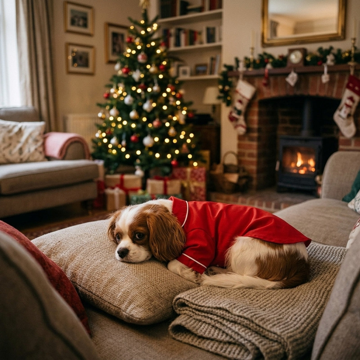 Cavalier King Charles Spaniel in red dog pyjamas curled up on the sofa at Christmas