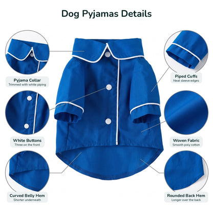 Dog pyjamas details: piped collar, white buttons, piped cuffs, woven fabric, curved belly hem, longer back hem
