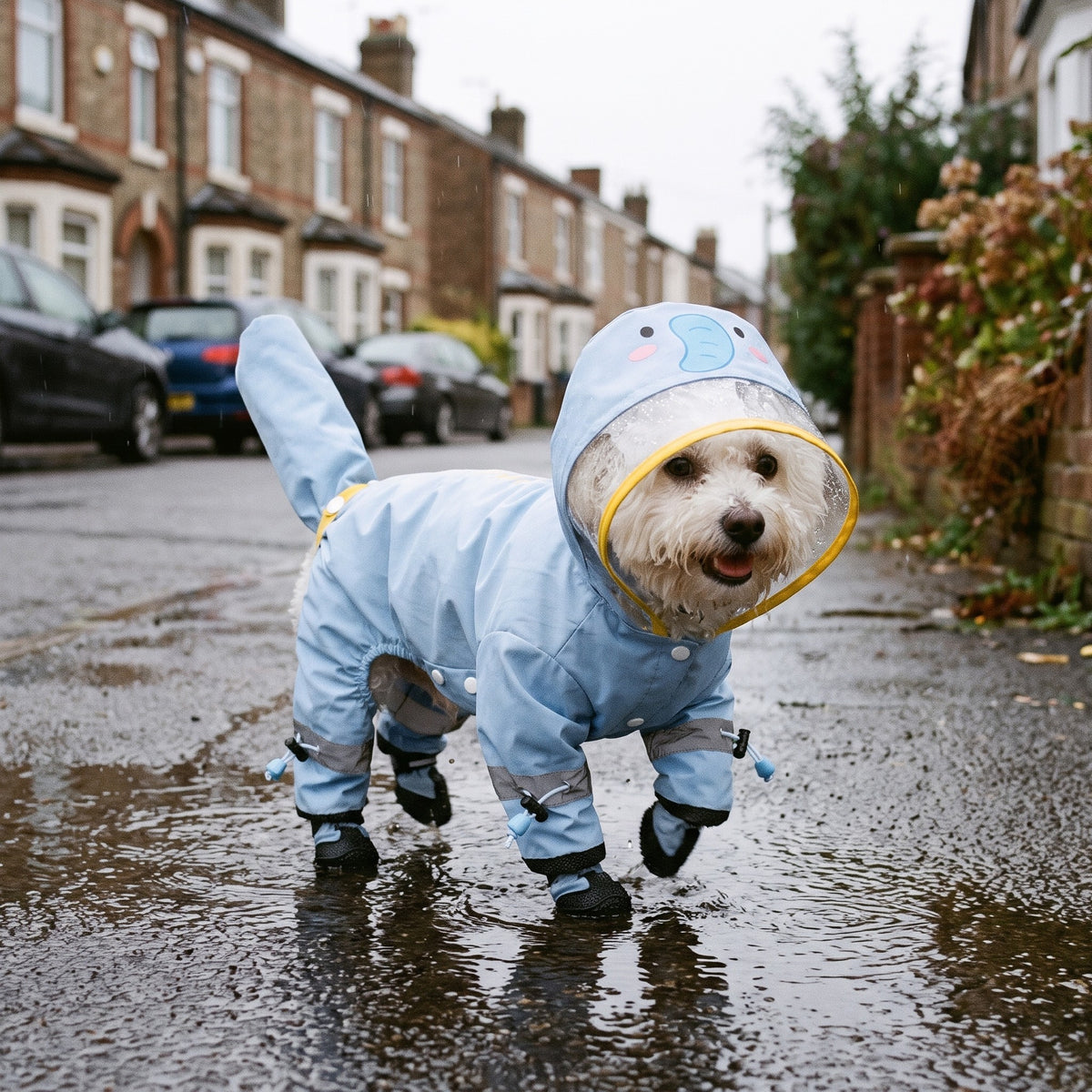 Bichon Frise in the blue elephant dog raincoat walking through a puddle on a rainy street